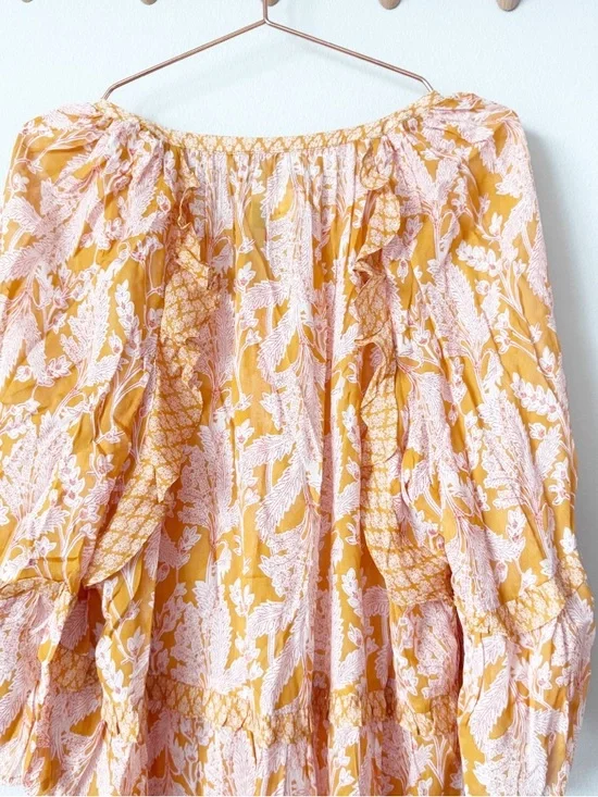 Anthropologie Mia Tiered Boho Ruffle Peasant Tunic Top - Yellow Floral - Picture 11 of 12